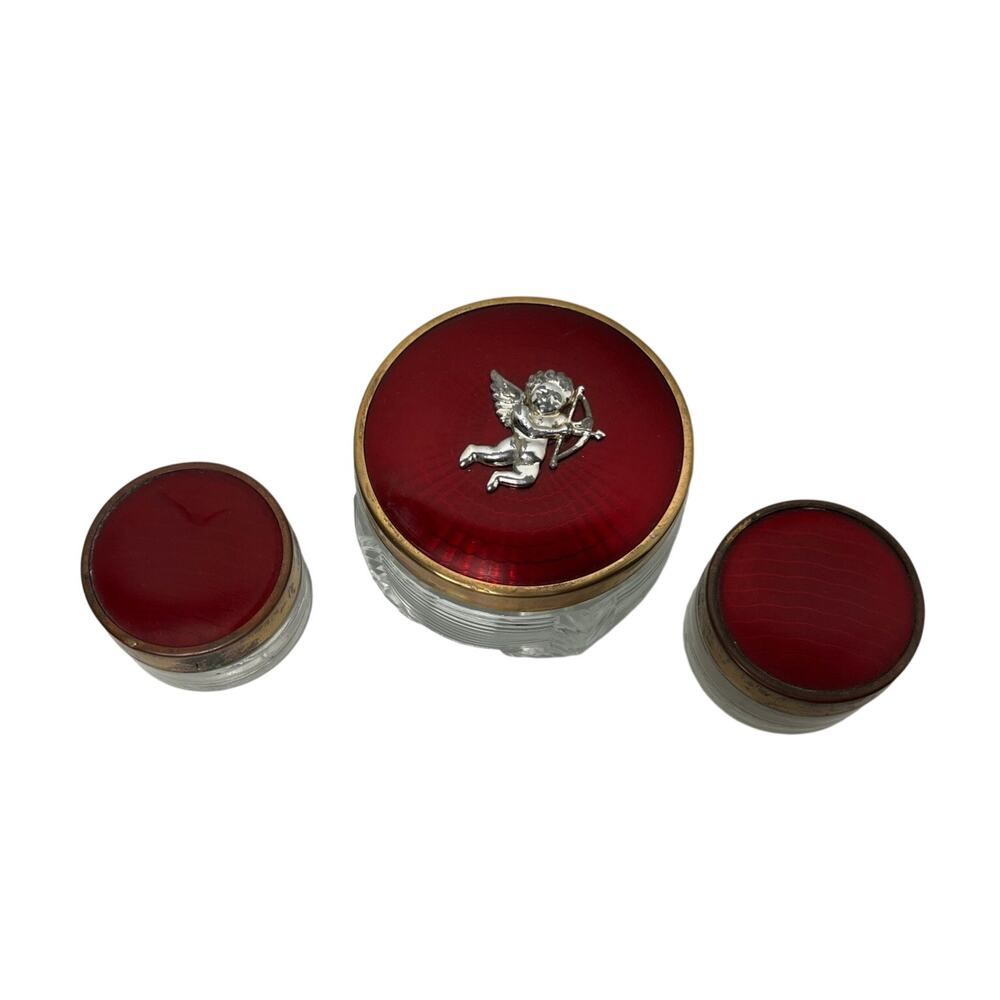 Vintage Art Deco Glass Powder & cream jars embossed metal lids grandma core 3pc